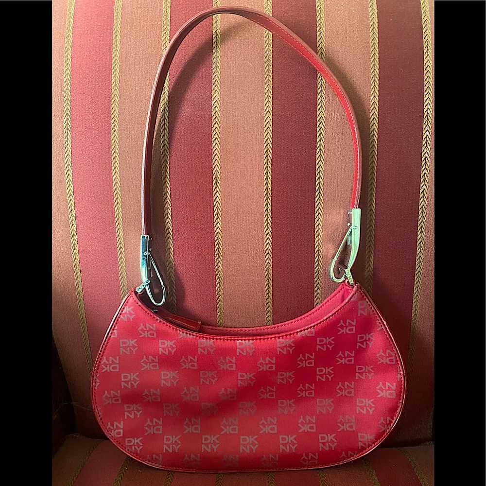 Authentic NEW (no tags) Vintage Red DKNY Signature Print Canvas Hobo Small Bag